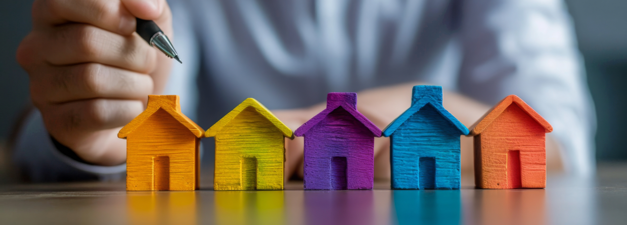 Man houdt pen vast en houdt hem boven gekleurde huisjes