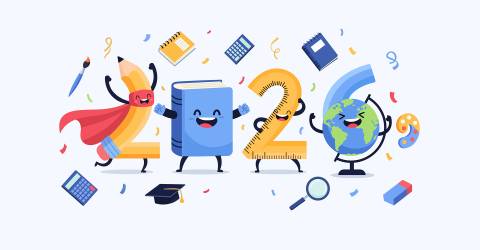 2026 afgebeeld in een potlood, meetlat, boek, aardbol en andere attributen