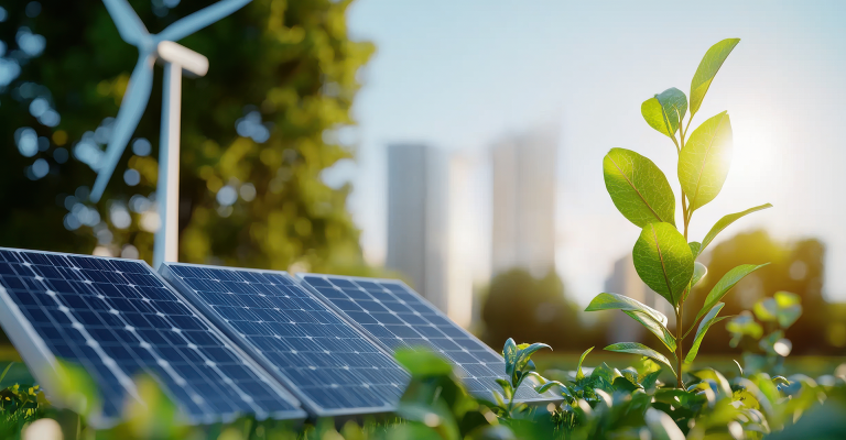 Verduurzamen: zonnepanelen, windmolen en een klein groen plantje wat groeit