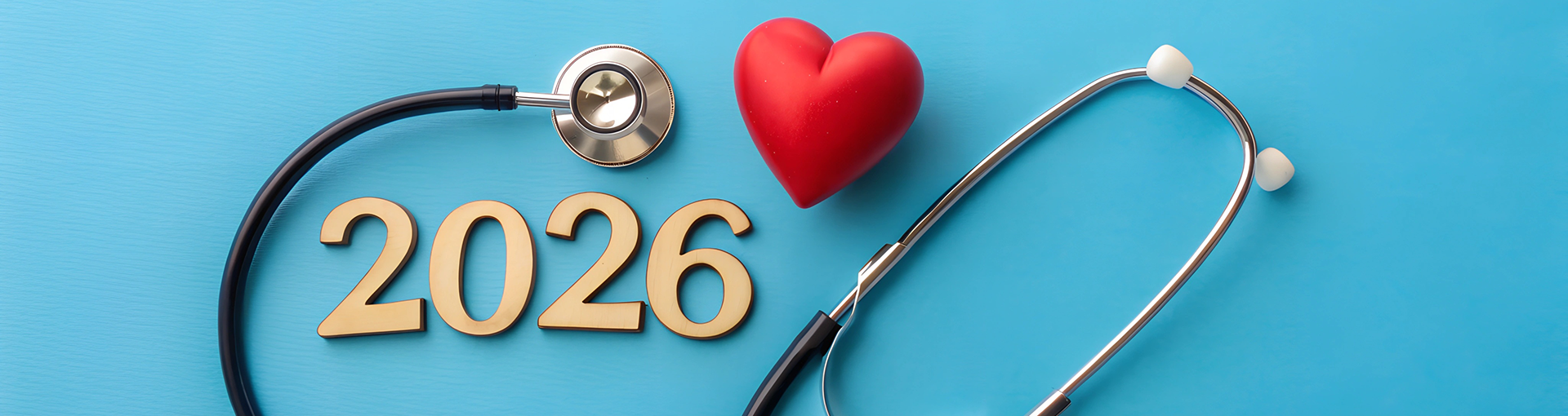 Zorgverzekering 2026; stethoscoop, rood hart en 2026 op een blauwe achtergrond